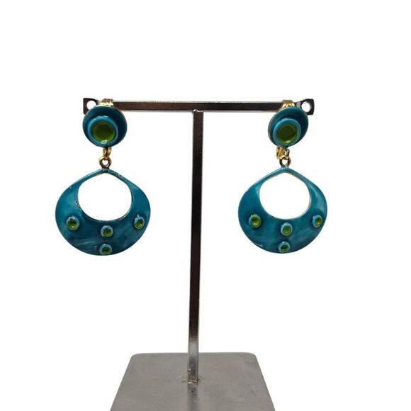 Vintage mod clip-on earrings with teal donut dangles and bright green bullseye - Picture 1 of 5